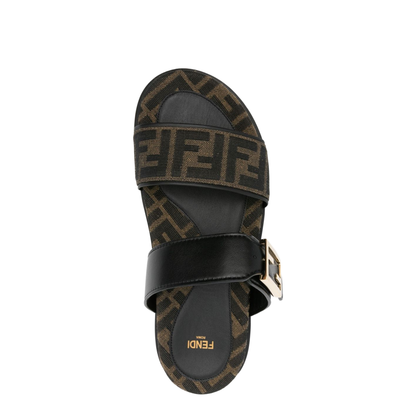 Black FF-Logo Pattern Double Strap Design Buckle Detail Flat Sole Leather Trim - Image 4