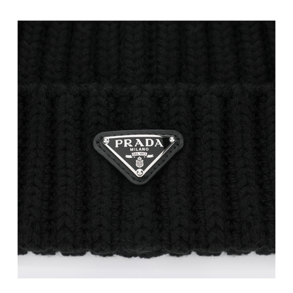 Black Virgin Wool Beanie with Enamelled Triangle Logo - Image 2