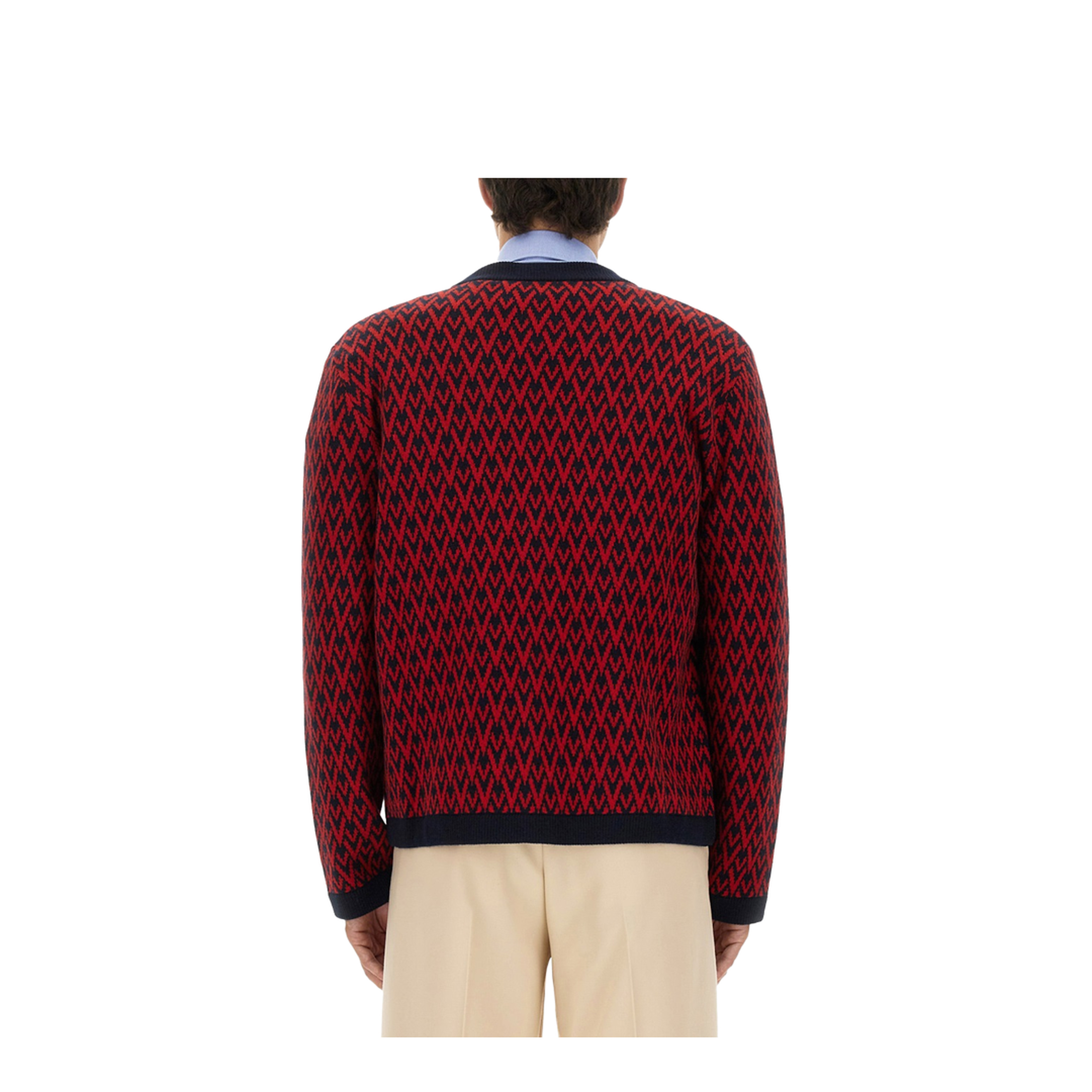 Navy and Red Wool V-Pattern Cardigan - Image 3