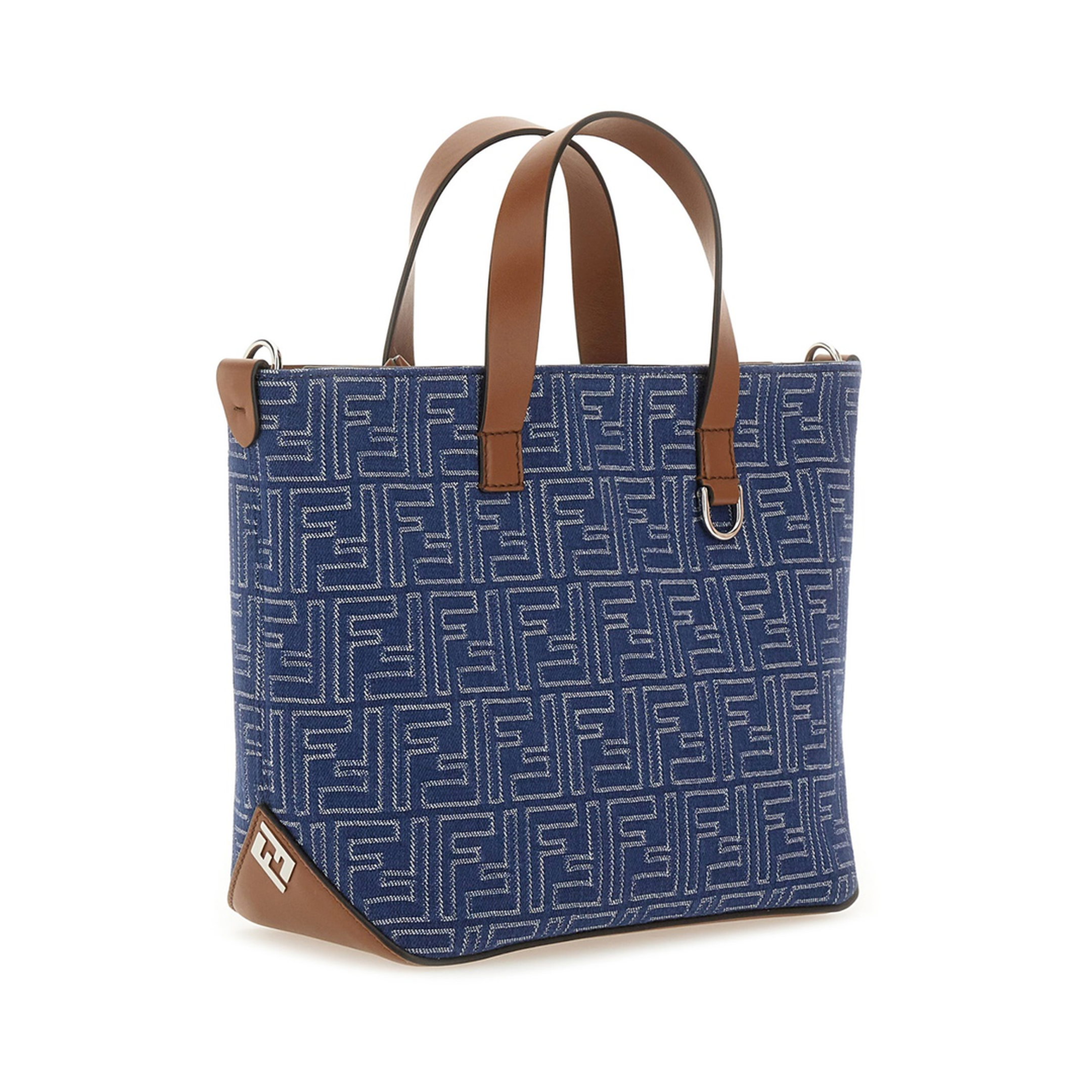 FF Leather Denim Effect FF Jacquard Blue And Brown Small Shopping Bag - Image 2