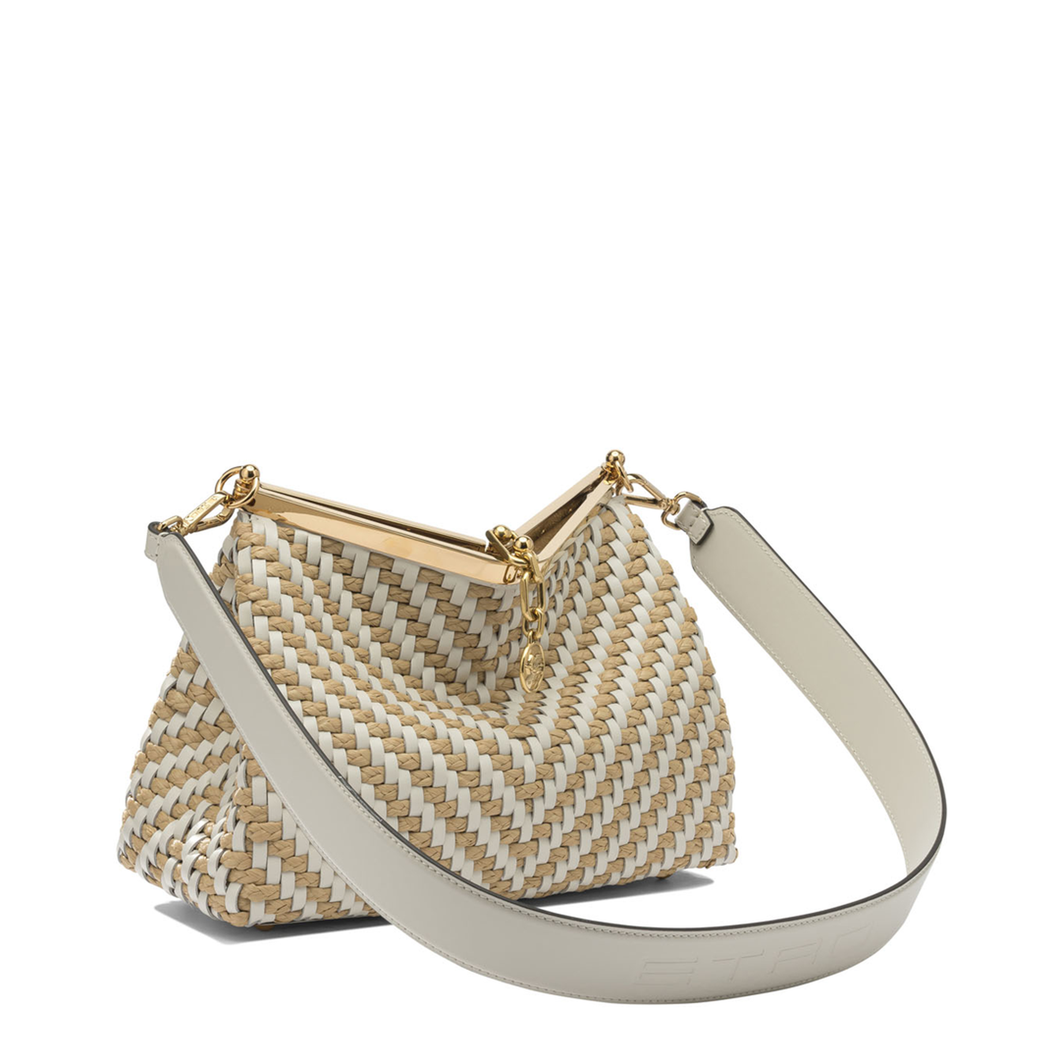 Vela Medium Woven Leather and Raffia Shoulder Bag - White - Image 2