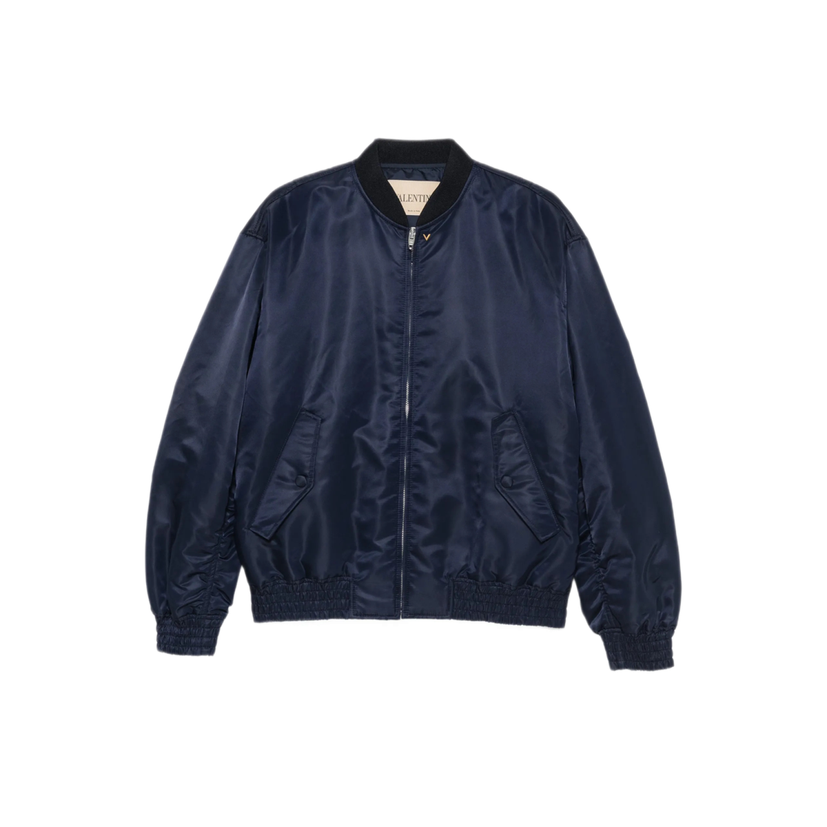 Shiny Navy Blue Zip-Up Bomber Jacket - Image 1