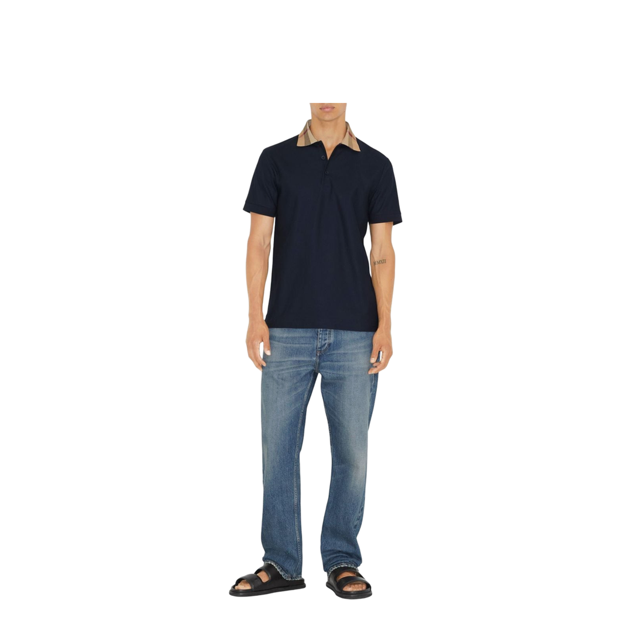 Check Collar Cotton Polo Shirt - Blue - Image 3