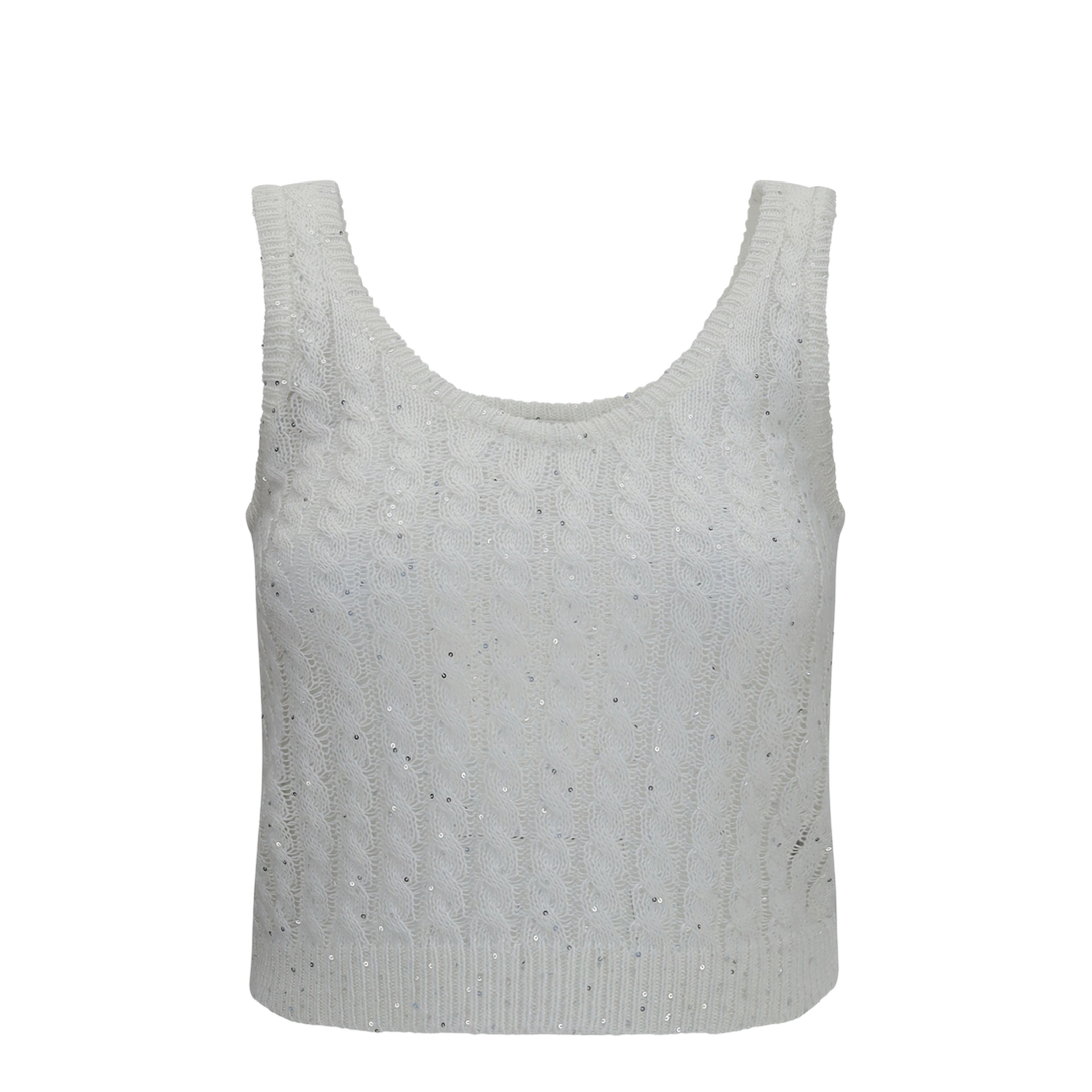 White Linen Knit Tank Top with Sequins - Image 1
