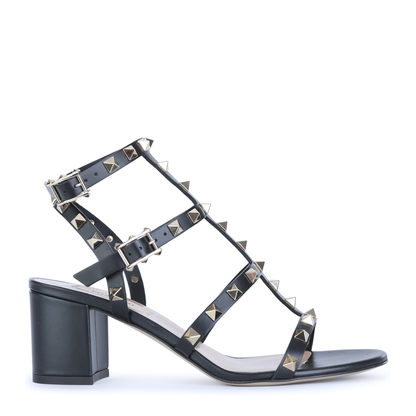Rockstud Calfskin Leather Sandals with Studs in Black - Image 2