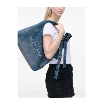 The Bow Medium Denim Sack Bag - Medium Wash Indigo - Image 6