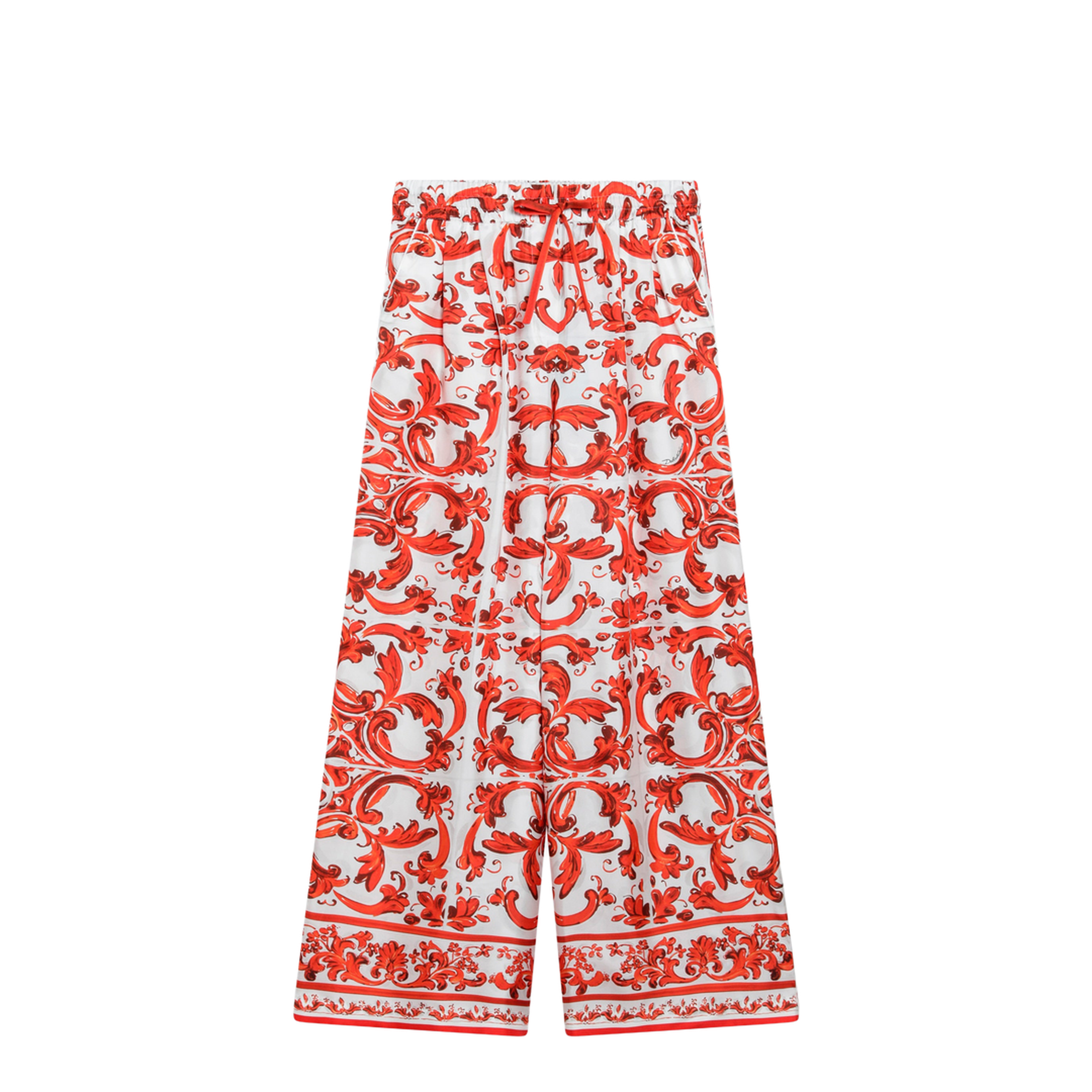 Wide-leg Maiolica-Print Silk Pants in Orange - Image 1