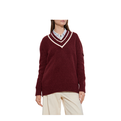 Burgundy Padded V-Neck Cotton & Wool Blend Jumper - Image 3
