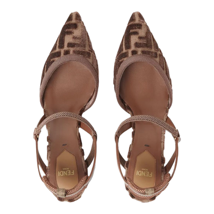 Brown FF Motif Jacquard Velvet Slingback Strap Pointed Toe - Image 4