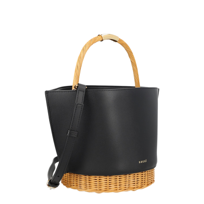 Leather Crossbody Bag With Raffia Details - Black - Image 3