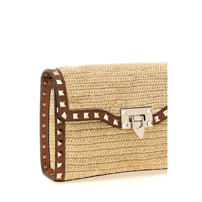 Rockstud Small Raffia Shoulder Bag - Natural / Saddle Brown - Image 2