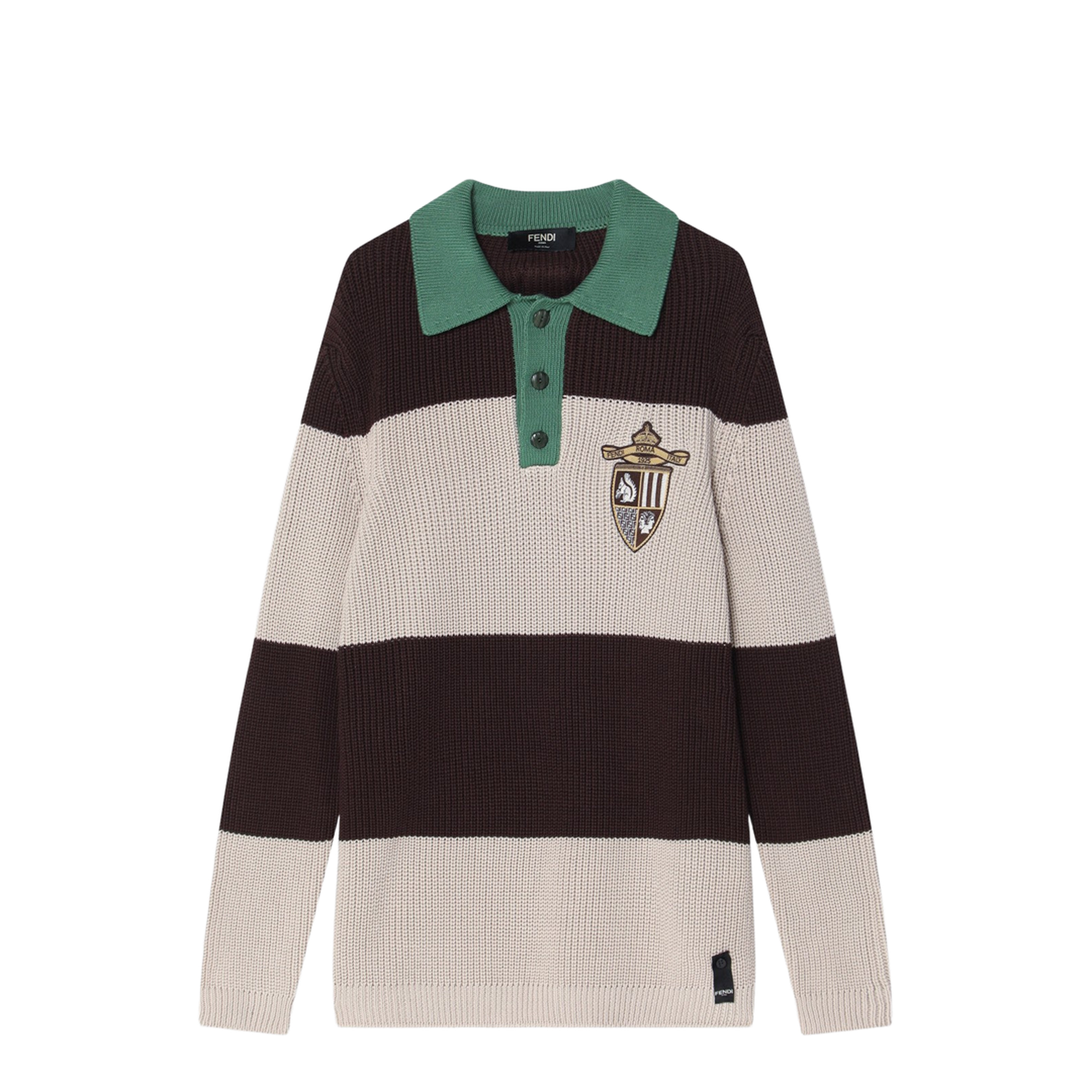 Knitted Cotton Polo Shirt with Brown and Beige Stripes - Image 1