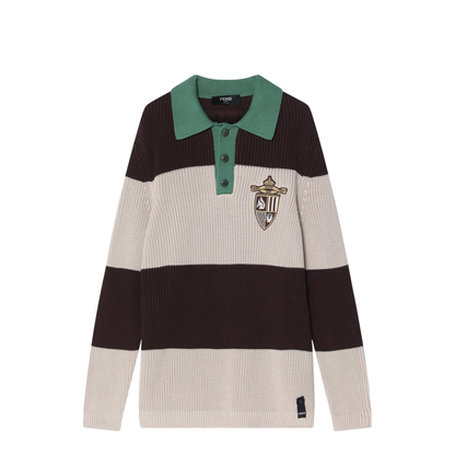 Knitted Cotton Polo Shirt with Brown and Beige Stripes - Image 1