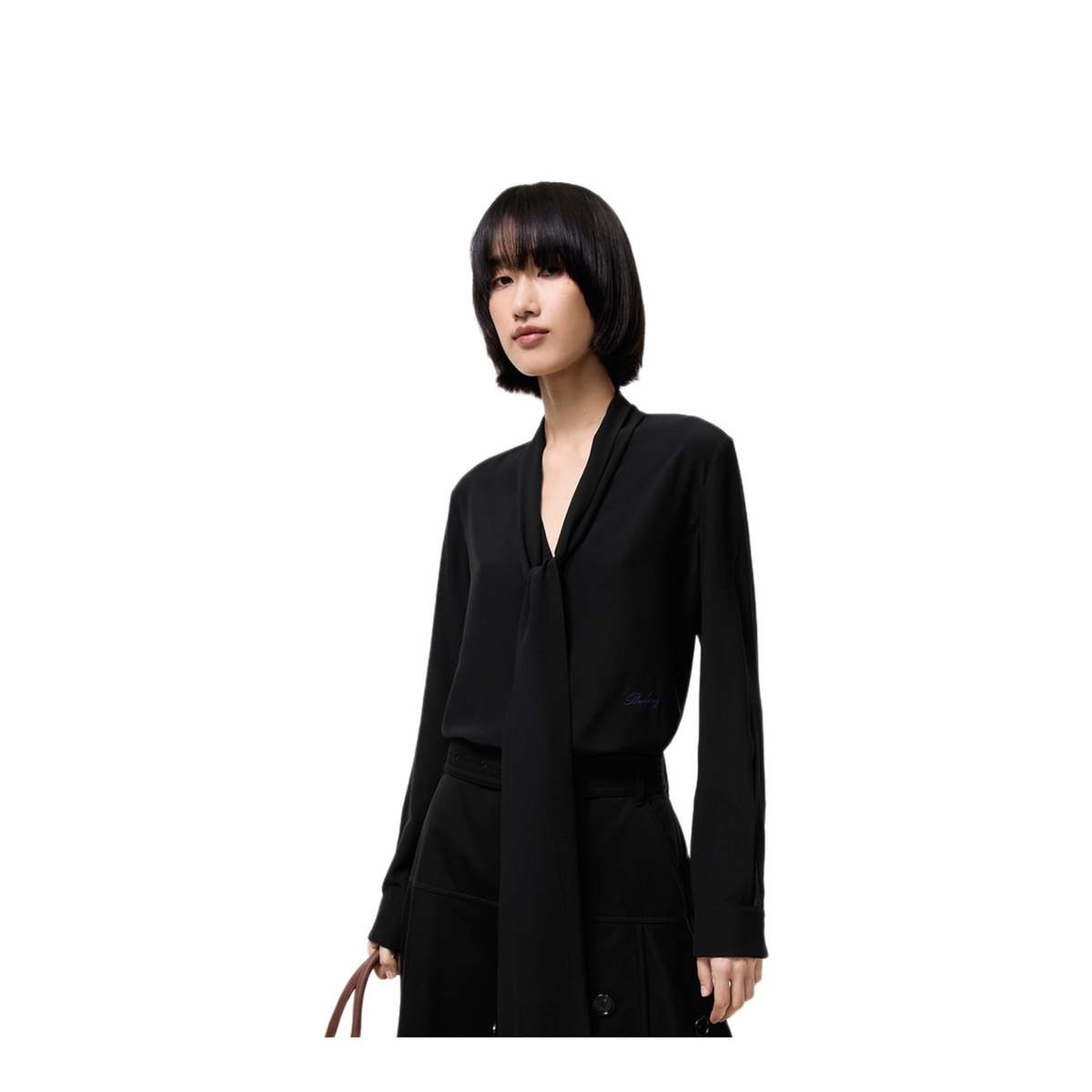 Silk Blouse With Embroidered Logo And Scarf Detail - Image 2