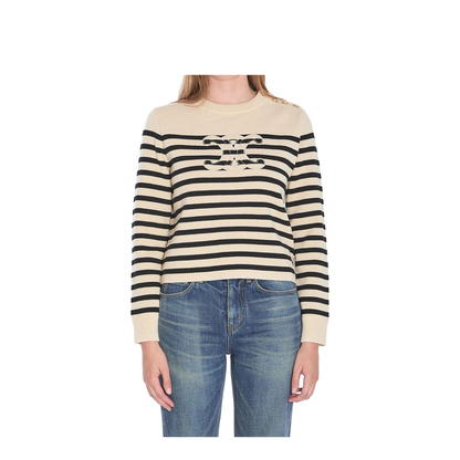 Crew Neck Sweater in Wool Cashmere - Ecru/Black - Image 1