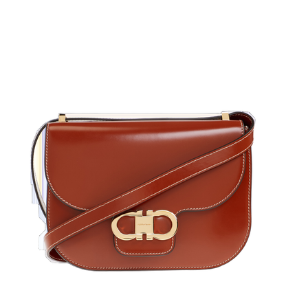 Double Gancini Hammered Calfskin Crossbody - Dark Cognac - Image 1
