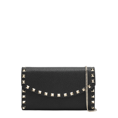Rockstud Grainy Calfskin Wallet On Chain - Black - Image 1