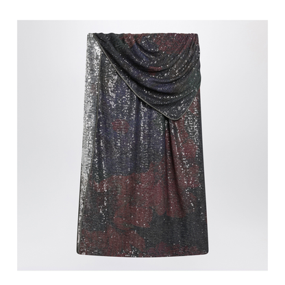 Printed Draped Sequin Maxi Skirt in Blue and Burgundy - Image 2