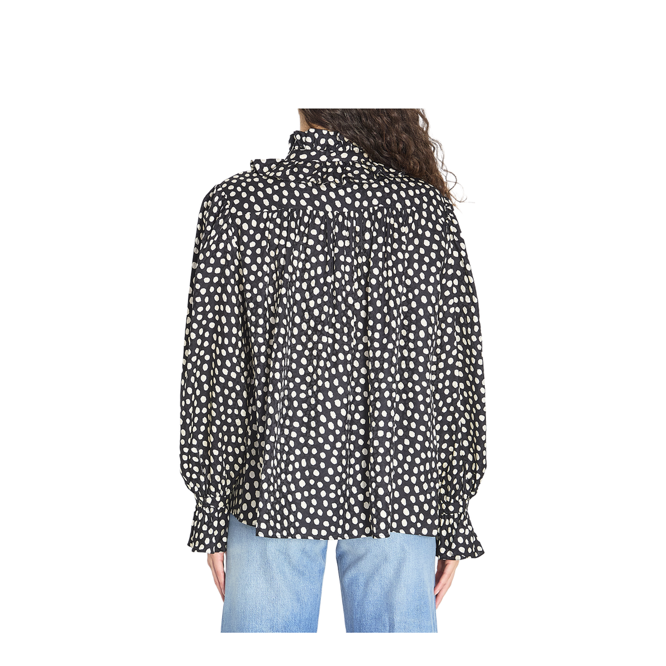 Black Blouse with High Neck and All-Over Polka Dot Motif - Image 4