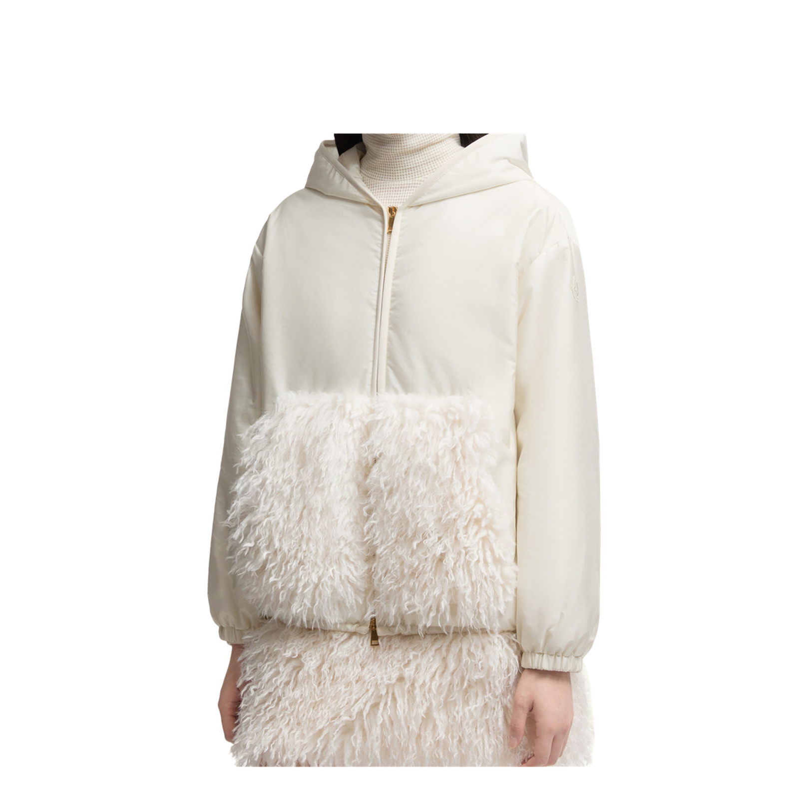 White Teddy-Trimmed Padded Zip-Up Hoodie - Image 2