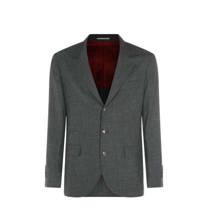 Slubbed Buttons Wool Blazer - Grey - Image 5