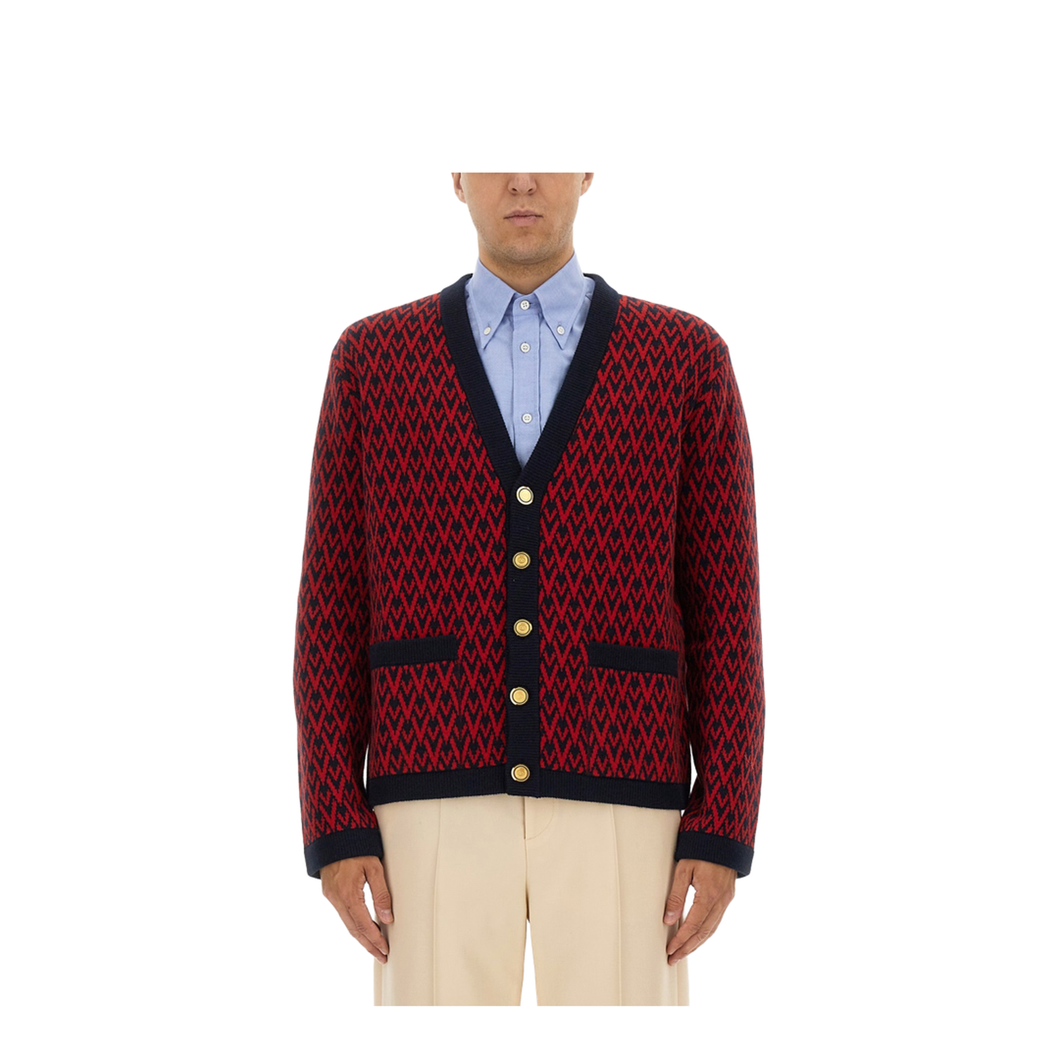 Navy and Red Wool V-Pattern Cardigan - Image 1