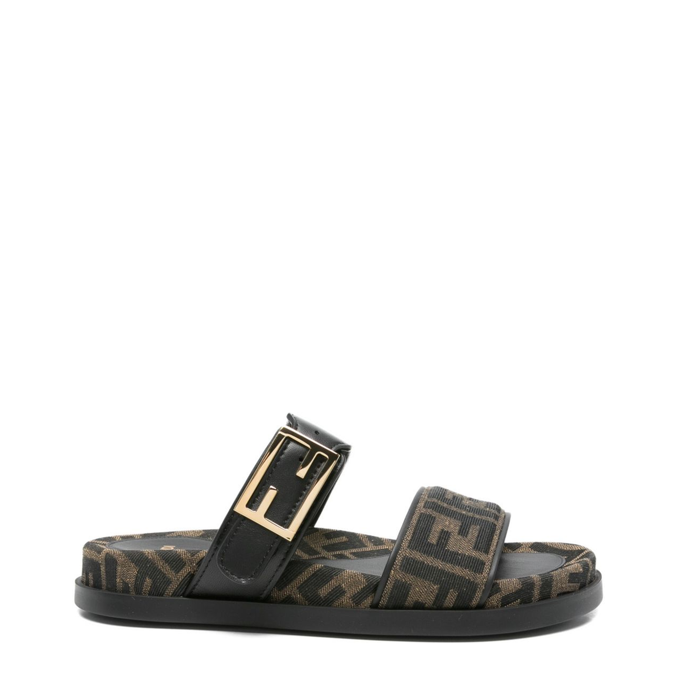 Black FF-Logo Pattern Double Strap Design Buckle Detail Flat Sole Leather Trim - Image 1