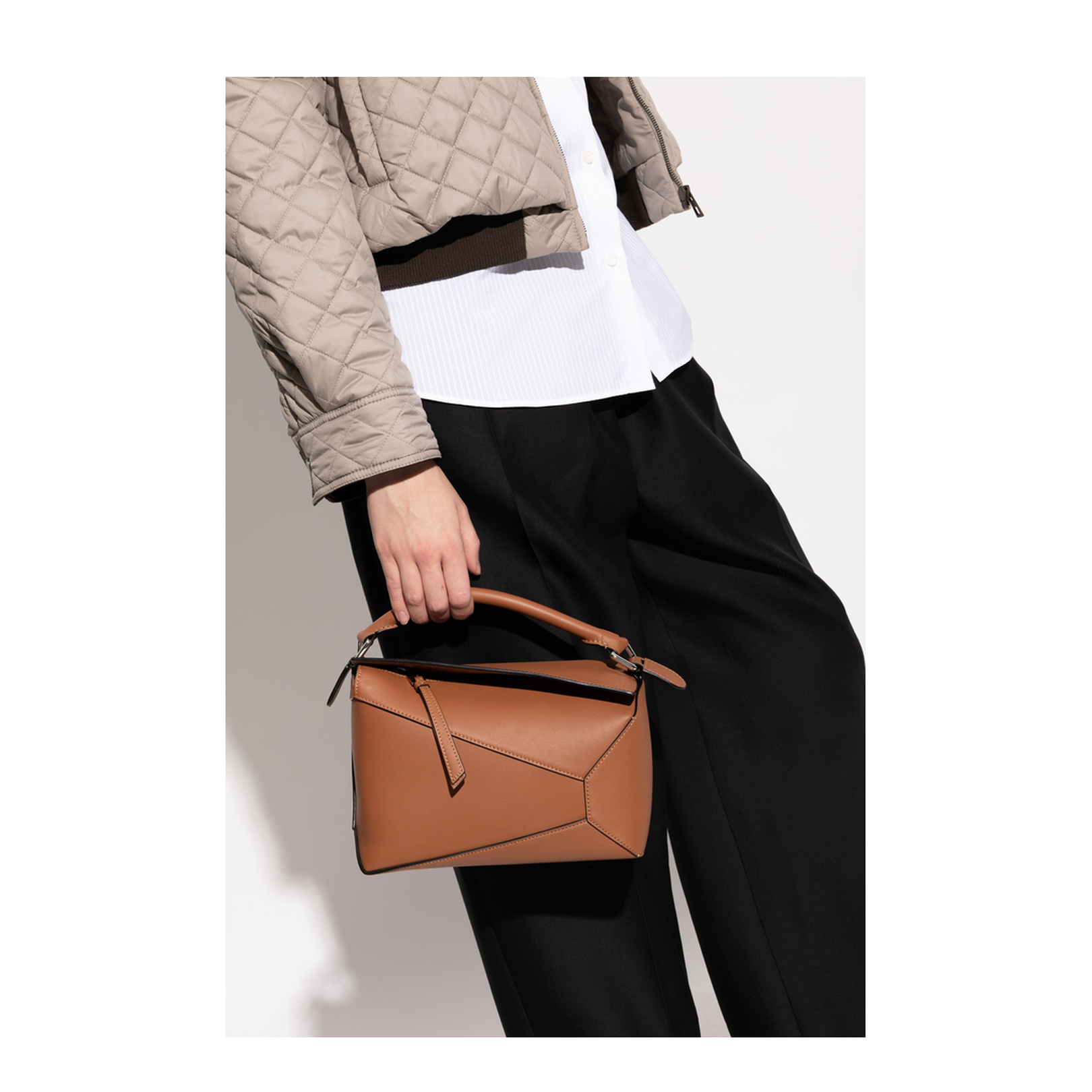 Small Puzzle Edge Hand Bag Leather Brown - Image 2