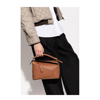 Small Puzzle Edge Hand Bag Leather Brown - Image 2