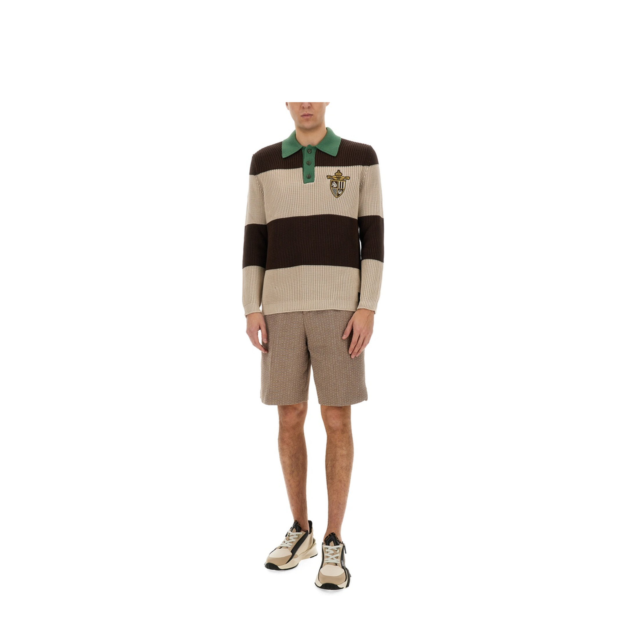 Knitted Cotton Polo Shirt with Brown and Beige Stripes - Image 2