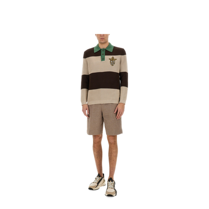 Knitted Cotton Polo Shirt with Brown and Beige Stripes - Image 2
