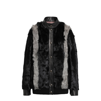 Black Grey Shearling and Leather Jacket - Image 1