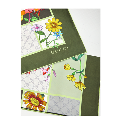 Green Silk Twill Scarf with Flora Print - Image 2