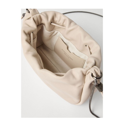 Mellow Beige Crossbody Bag with Drawstring Closure and Chain Shoulder Strap - Image 4