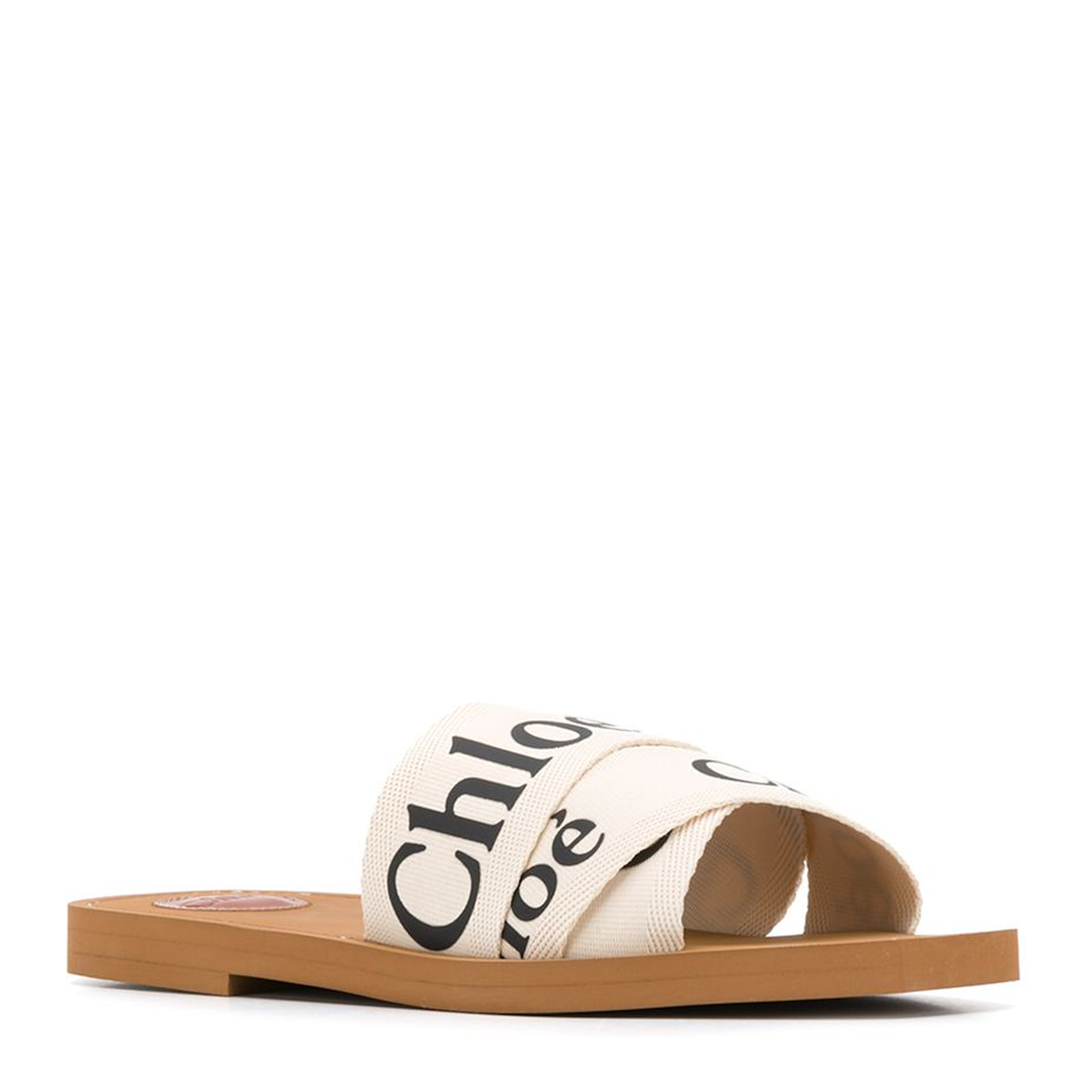 White Linen All-Over Logo Print Low Stacked Heel - Image 2
