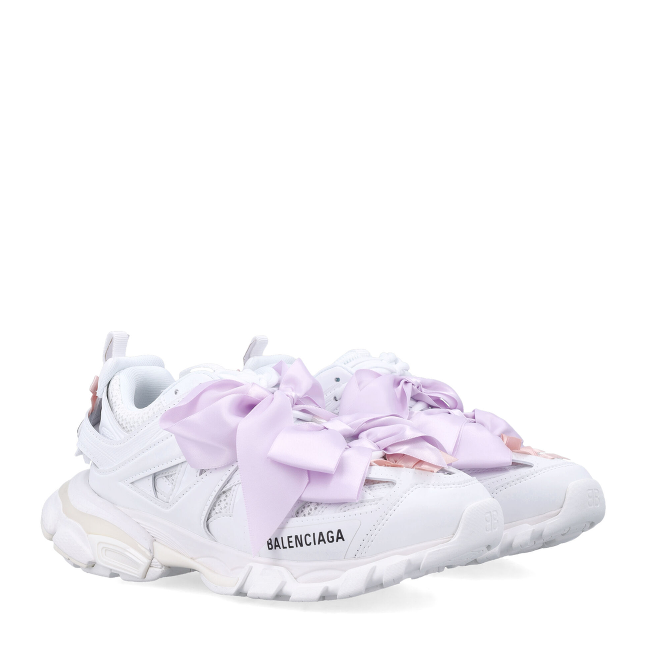 Track Bow Sneakers in Mixed Materials, White and Pink - Image 3