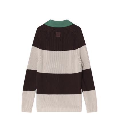 Knitted Cotton Polo Shirt with Brown and Beige Stripes - Image 2