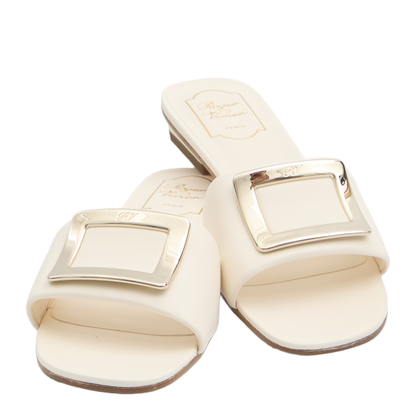 Square Buckle Leather Slides White - Image 5