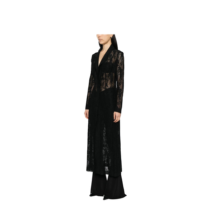 Black Open Front Floral-Lace Detailing Long Coat - Image 4