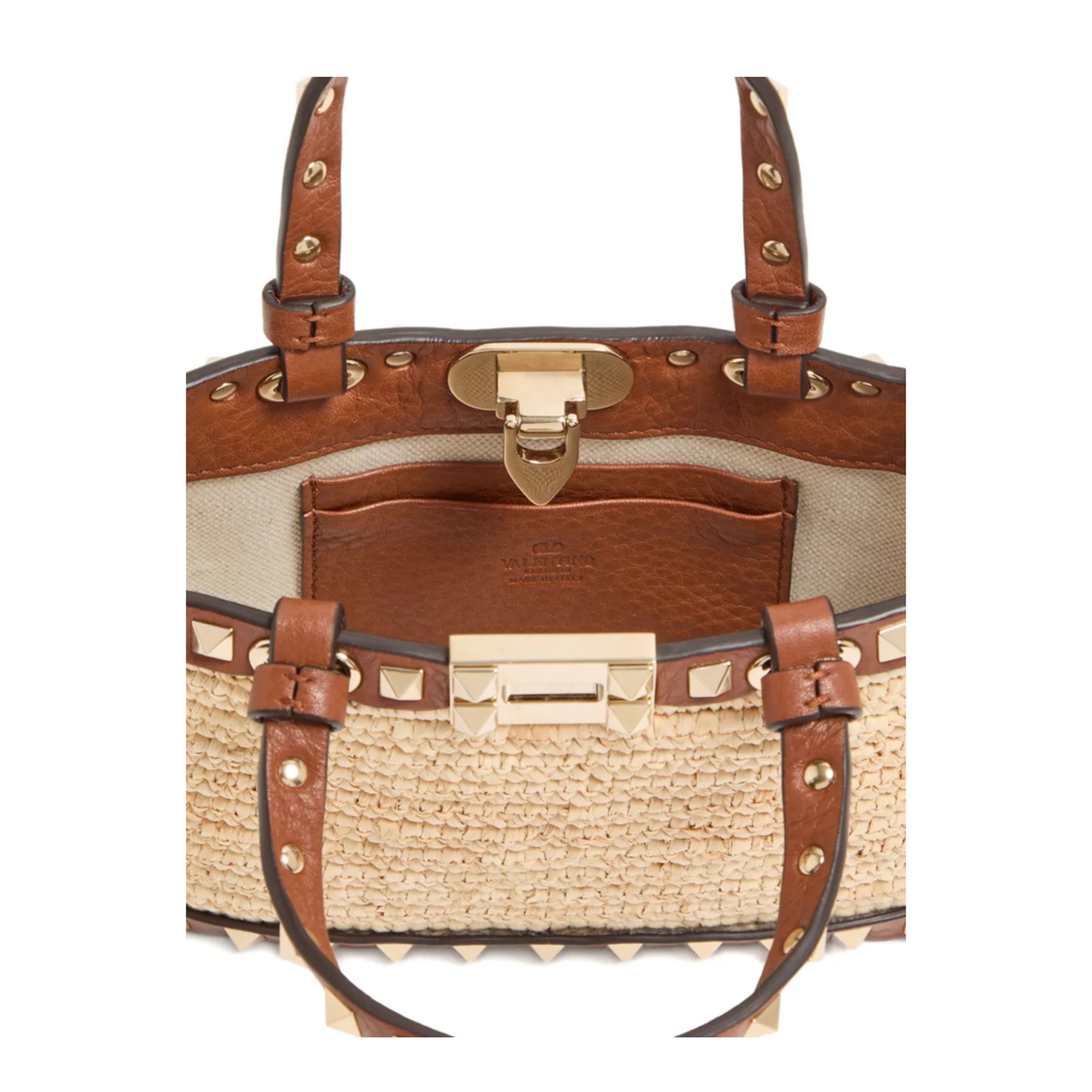 Rockstud Mini Raffia Shopping Bag - Natural/Saddle Brown - Image 2