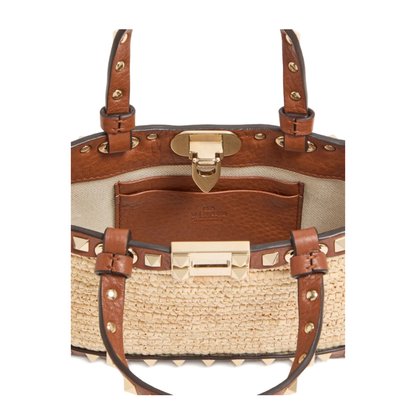 Rockstud Mini Raffia Shopping Bag - Natural/Saddle Brown - Image 2