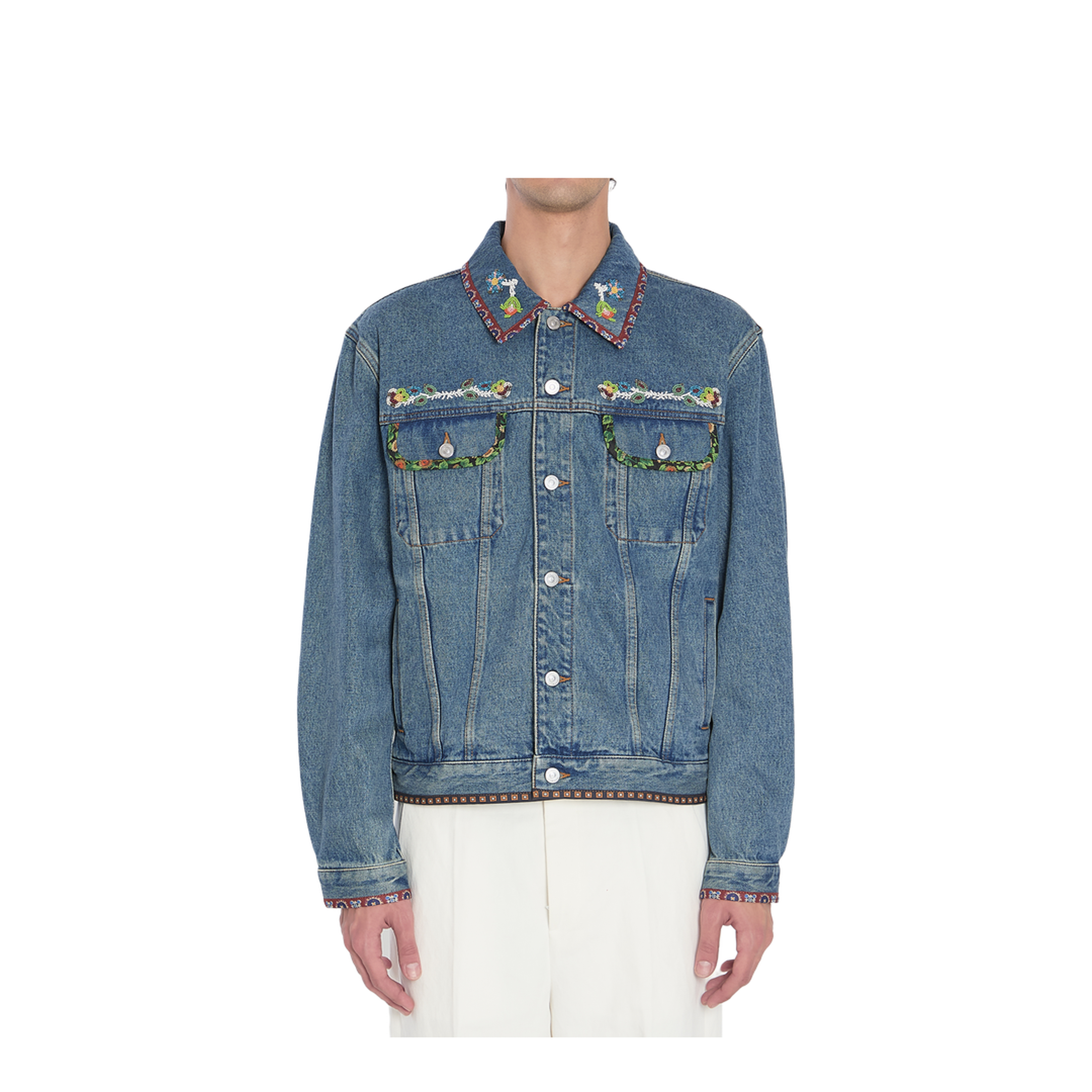 Denim Jacket With Beaded Embroidery And Printed Edges - Image 1
