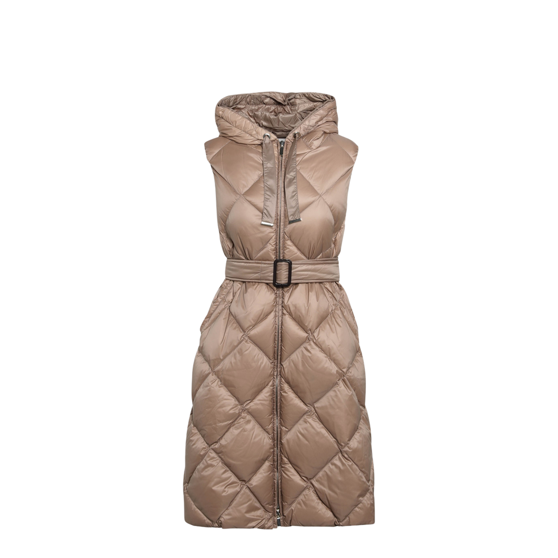 Camel Belted Sleeveless Down Jacket - Image 1