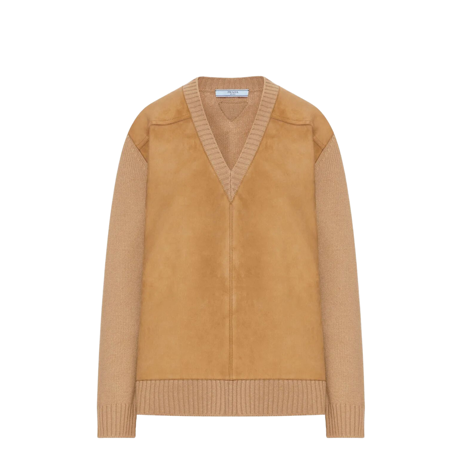 Suede Panel V-Neck Wool Sweater - Image 1