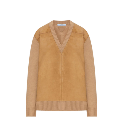 Suede Panel V-Neck Wool Sweater - Image 1