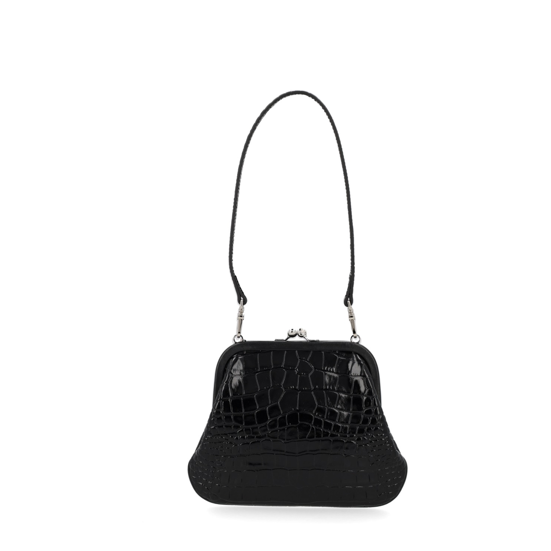 Medium Croc-Embossed Calfskin Shoulder Bag - Black - Image 3