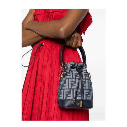 Mon Tresor Mini FF Jacquard Denim-Effect Bucket Bag - Dark Blue - Image 2