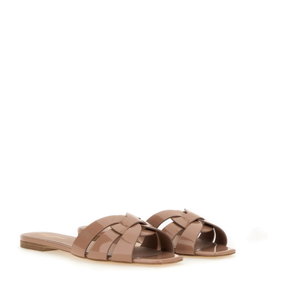 Powder Pink Leather Patent Finish Square Open Toe Multi-Way Strap Design Flat Sole Slip-On Style - Image 11