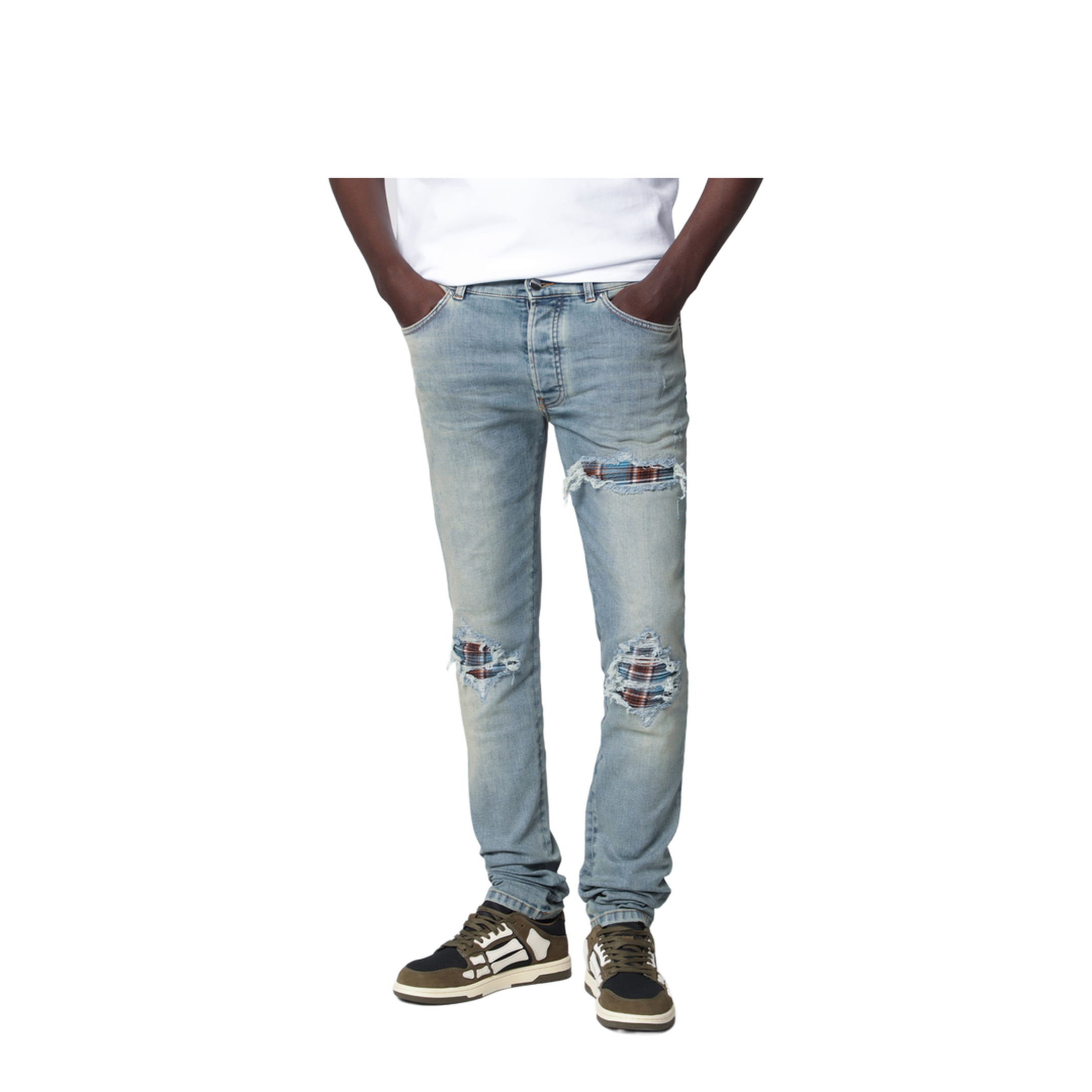 MX1 Distressed Flannel-Patched Jeans in Medium Indigo - Image 1