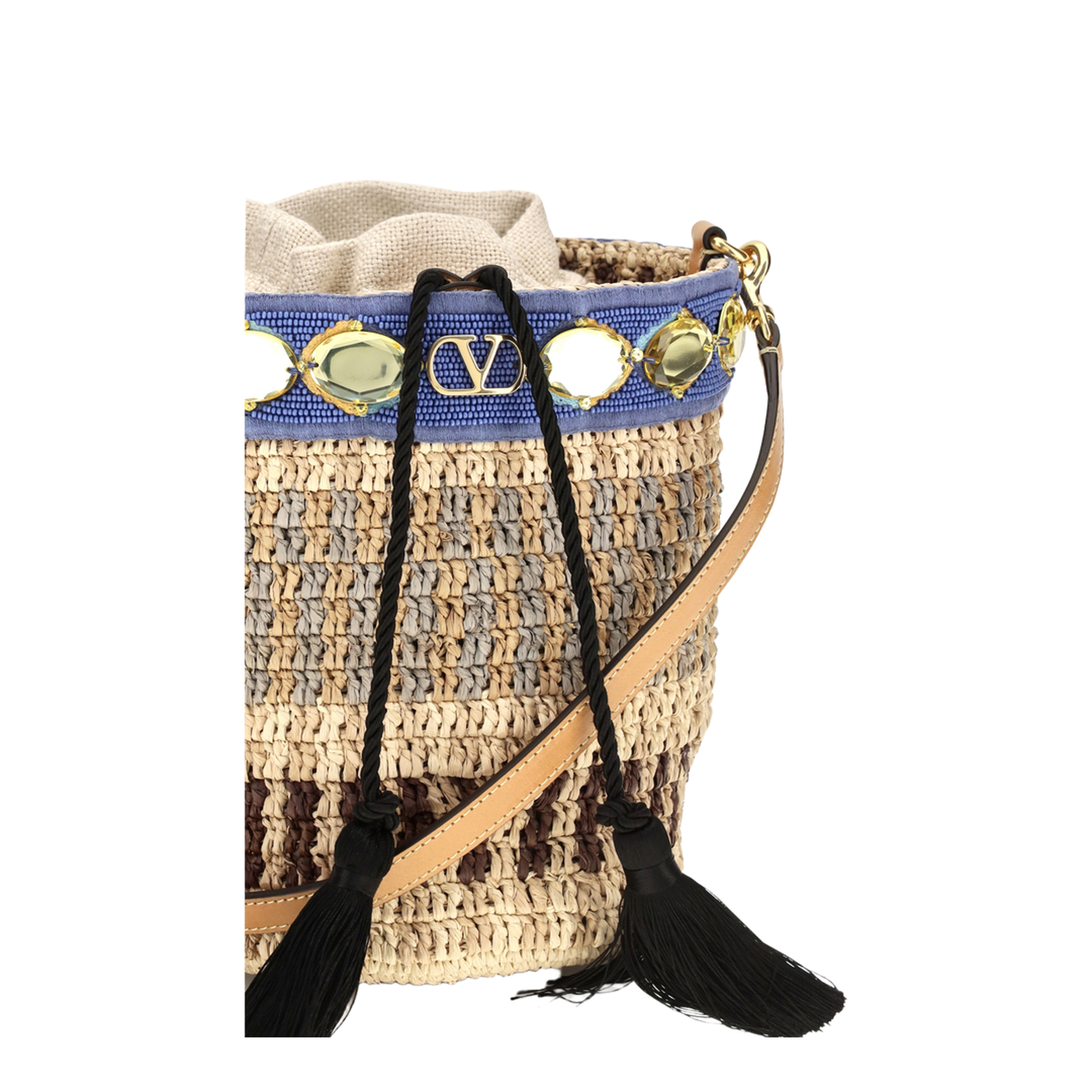 VLogo Braided Straw and Leather Bucket Bag - Natural/Blue - Image 4